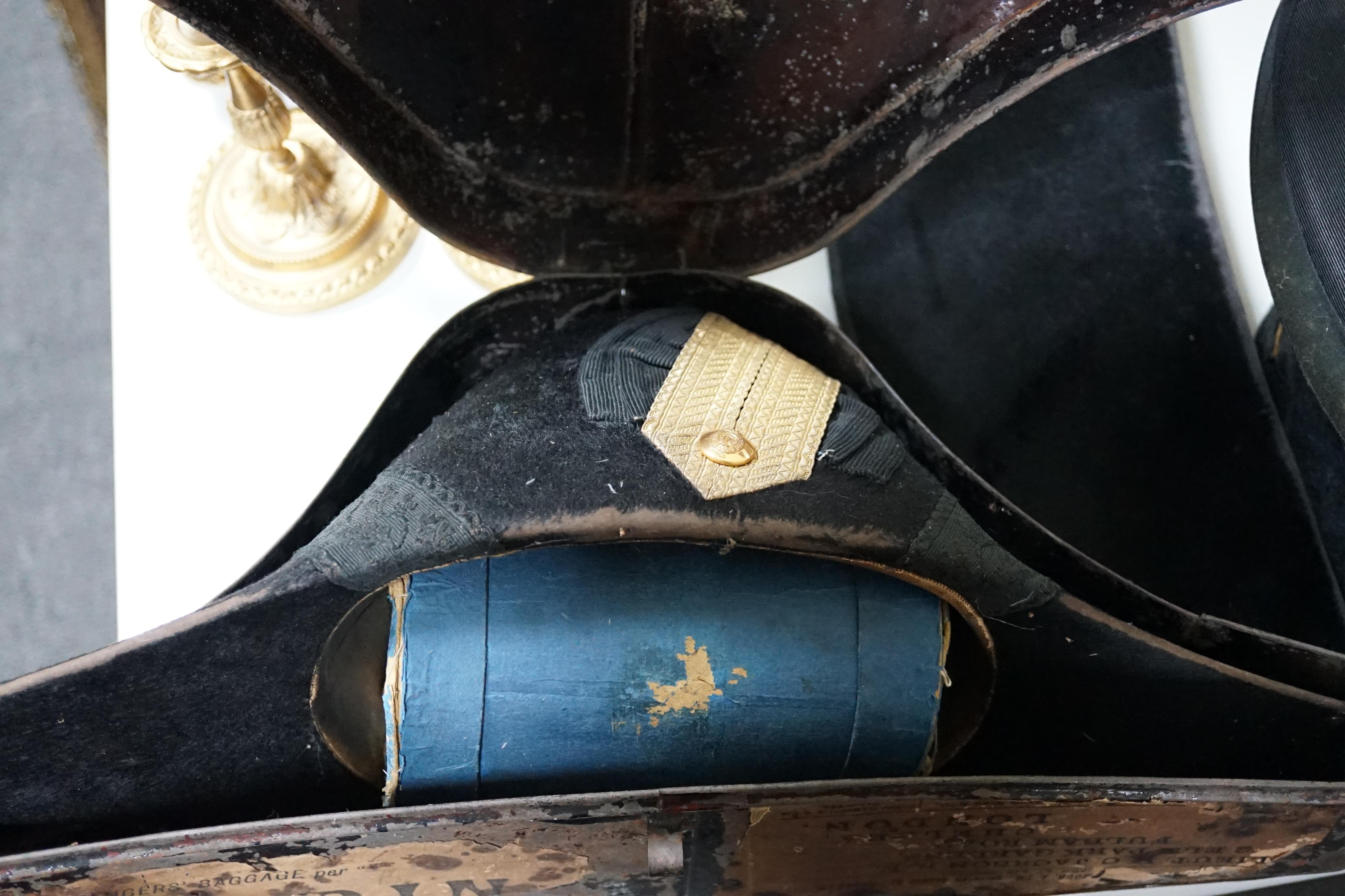 A Victorian Officers bi-corn hat in original tin case